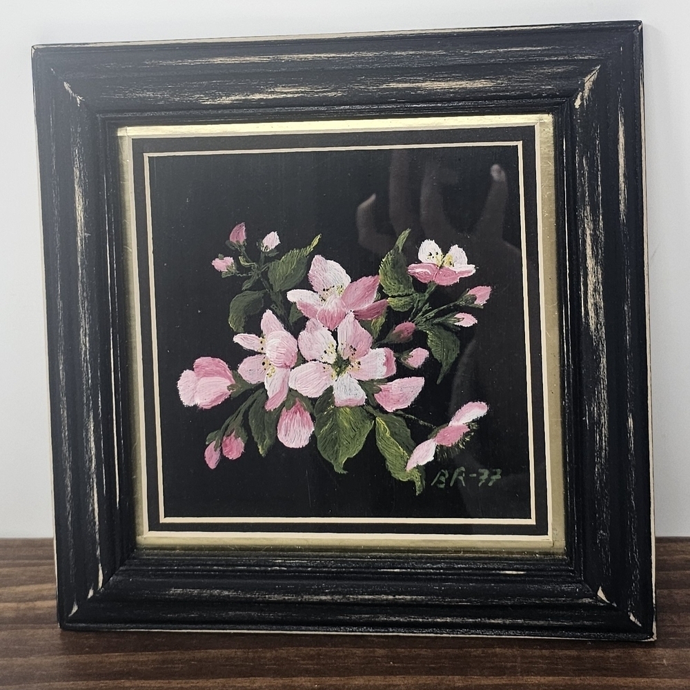 Vintage Watercolor Painting Still Life Apple Blossom Framed Distressed 1977